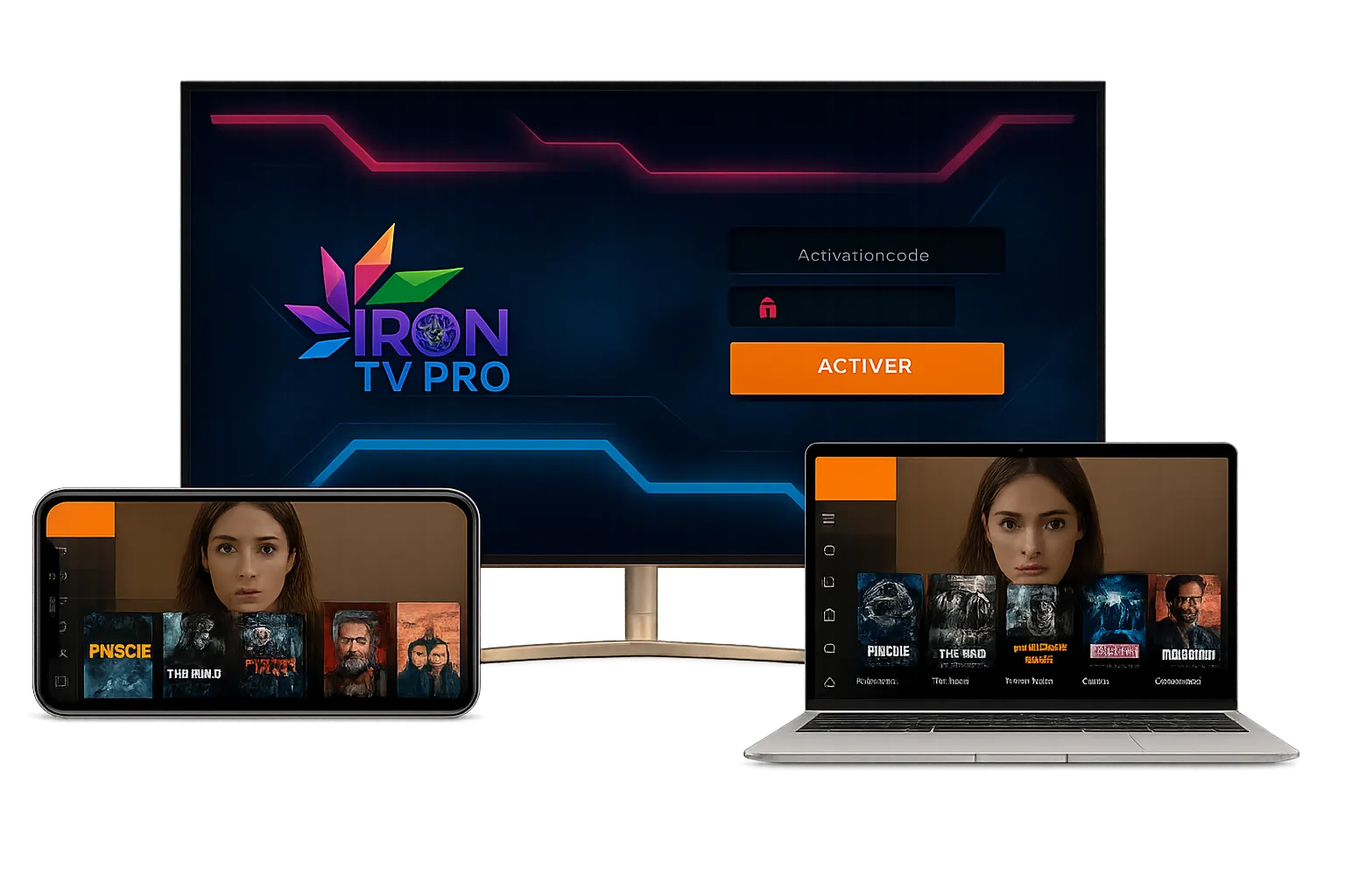 Image d'un téléviseur, ordinateur portable et smartphone affichant l'interface IPTV Iron TV Pro avec logo officiel – service de streaming IPTV multi-appareils HD.